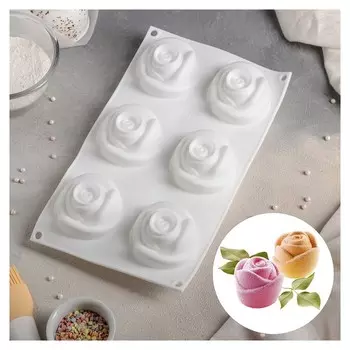 Форма для муссовых десертов и выпечки «Розы», 30×17,5 см, 6 ячеек, цвет белый