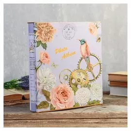 Фотоальбом на 300 фото 10х15 см "Цветы, часы и птицы" в короб, зол.обв 33,5х30,5х5,5 см