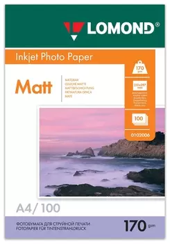 Фотобумага для струйной печати, А4, 170 г/м2, 100 листов, двухсторонняя матовая, LOMOND