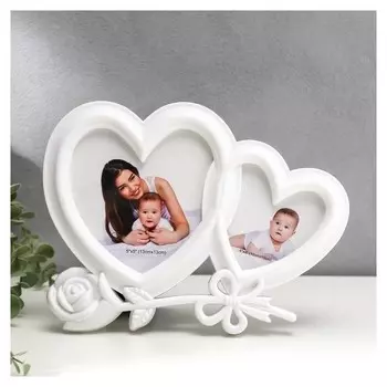 Фоторамка на 2 фото 10х10 см, 10х15 см "Двойное сердце с розой" белая