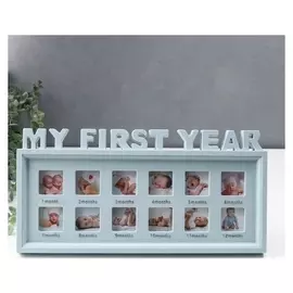Фоторамка пластик на 12 фото 4х4 см "Мой первый год" серо-голубая 42,5х21,5х3 см