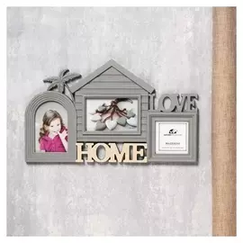 Фоторамка пластик на 3 фото 10х10, 10х15 см "Дом и пальма" серая 27,5х47,5 см