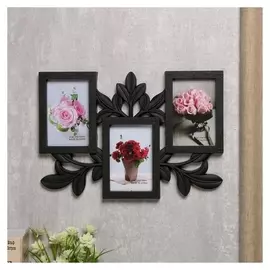 Фоторамка пластик на 3 фото 10х15 см "Пышные листья" чёрная 27,5х39,5х2 см