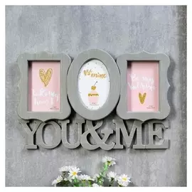 Фоторамка пластик на 3 фото 10х15 см "Ты и я" серая 28х42 см