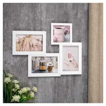 Фоторамка пластик на 4 фото 10х10, 10х15 см "Простая" белая 29х37,5 см