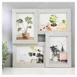 Фоторамка пластик на 4 фото 10х15 см "Блёстки" серебро 30х30 см