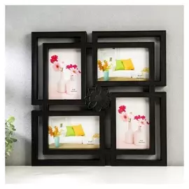 Фоторамка пластик на 4 фото 10х15 см "Цветок" черная 37х37 см