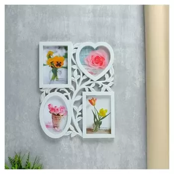 Фоторамка пластик на 4 фото 10х15 см "Цветущая ветвь" белая 30,5х37,5 см