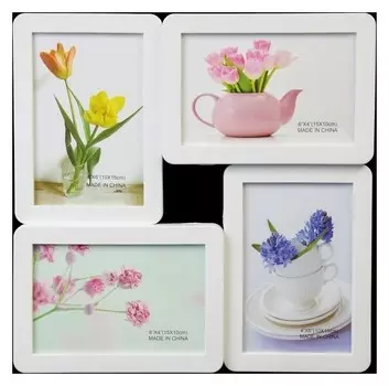 Фоторамка пластик на 4 фото 10х15 см "Плавные линии" белая 30х30 см