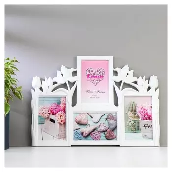 Фоторамка пластик на 4 фото 10х15 см "Тюльпаны" белая 29х40,5х2 см