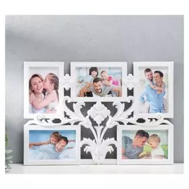 Фоторамка пластик на 5 фото 10х15 см "Листья и медальоны" белый 32х46 см