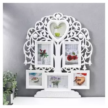 Фоторамка пластик на 6 фото 10х15 см, 13х13 см, 10х10 см "Семейное древо" белая 56х44,5 см