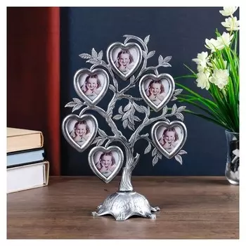Фоторамка пластик на 6 фото 4,5х3 см "Дерево с сердцами" тёмное серебро 26,5х19,5х11 см