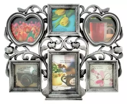 Фоторамка пластик на 6 фото 8х8 см, 10х10 см, 9х13 см "Яблоня" серебро 29х36 см
