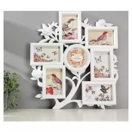 Фоторамка пластик на 7 фото 10х10, 9х13 см "Розовый сад" белая 43,5х39 см