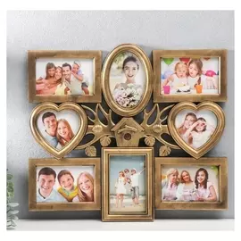 Фоторамка пластик на 8 фото 10х10, 10х15 см "Скворечник на дереве" тёмн.золото 44,5х49,5 см 697726