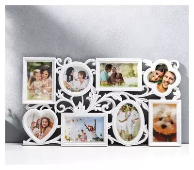 Фоторамка пластик на 8 фото 10х15 см, 10х10 см "Интерес" белая 58х32 см