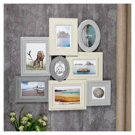 Фоторамка пластик на 8 фото 8х10, 10х10, 10х15, 13х18 см "Классика" бежево-серая 55,5х57 см