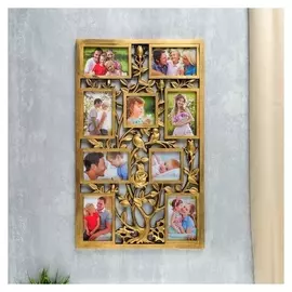 Фоторамка пластик на 9 фото 10х10, 10х15 см "Птицы на розовом кусте" золото 65х40,5 см