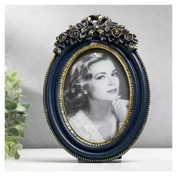 Фоторамка полистоун 10х15 см "Бант и розы" синяя с золотом 22х15 см