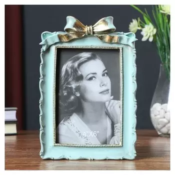 Фоторамка полистоун 10х15 см "Золотой бант" голубая 20х13,5х3 см