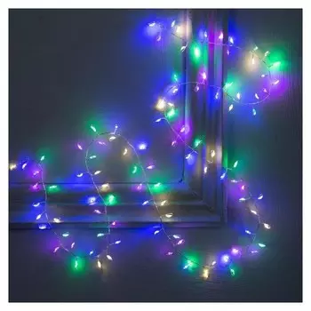 Гирлянда "Мишура" 1 м роса, Ip20, серебристая нить, 100 Led, свечение мульти, 2 режима, 3 х AA