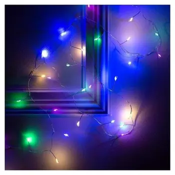 Гирлянда "Мишура" 2 м роса, Ip20, серебристая нить, 50 Led, свечение мульти, фиксинг, 2 х Cr2032