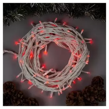 Гирлянда "Нить" 10 м, Ip44, умс, белая нить, 100 Led, свечение красное, 220 В