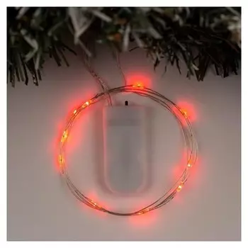 Гирлянда "Нить" 1 м роса, Ip20, серебристая нить, 10 Led, свечение красное, фиксинг, 2 х Cr2032
