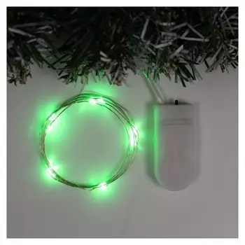 Гирлянда "Нить" 1 м роса, Ip20, серебристая нить, 10 Led, свечение зелёное, фиксинг, 2 х Cr2032