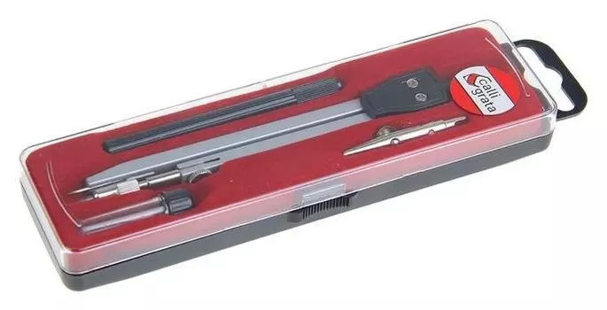 Готовальня, 4 предмета: циркуль, грифель, удлинитель, рейсфедер, в пластиковом пенале