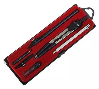 Готовальня, 6 предметов: циркуль, 2 удлинителя, грифель, 2 рейсфедера, центрик, в пластиковом пенале