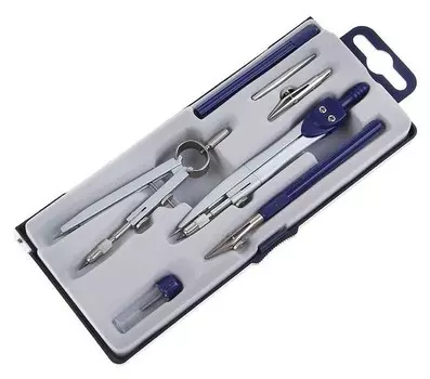 Готовальня 7 предметов: 2 циркуля, 2 рейсфедера, 2 удлинителя, грифель, центрик, в пластиковом пенале