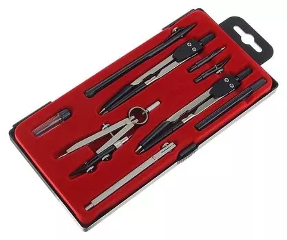 Готовальня, 9 предметов: 3 циркуля,2 рейсфедера,3 удлинителя, грифель, центрик, в пластиковом пенале