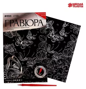 Гравюра А5 «Бабочки на цветочном лугу» с металлическим эффектом «серебро»