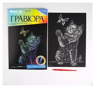 Гравюра «Котёнок с бабочкой» с эффектом голография