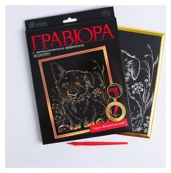 Гравюра в рамке «Щенок на лугу»