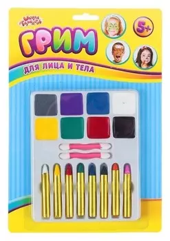 Грим для лица и тела, 8 карандашей и 8 цветов + 2 аппликатора