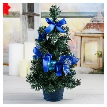 Ёлка декор 30 см синяя пуансетия в снегу