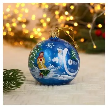 Ёлочный шар D-8 см "Дед мороз и девочка" ручная роспись, синий