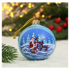 Ёлочный шар D-8 см "Дед мороз в лесу" ручная роспись, голубой