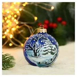 Ёлочный шар D-8 см "Деревенские зимние ночи" ручная роспись, синий
