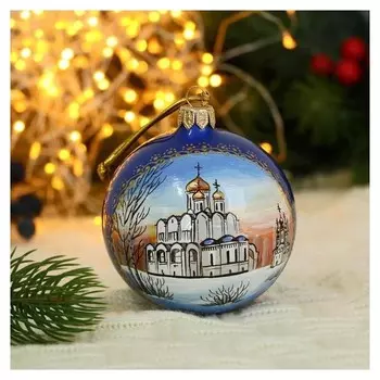 Ёлочный шар D-8 см "Покровский монастырь г. суздаль" ручная роспись, синий