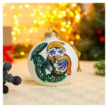 Ёлочный шар D-8 см "Птенчик на веточке" ручная роспись, белый