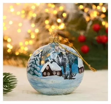 Ёлочный шар D-8 см "Зимний вечер в деревне" ручная роспись, голубой