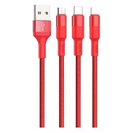Кабель 3 в 1 Hoco X26, USB - Microusb/lightning/type-c, 2 А, 1 м, металл, красный