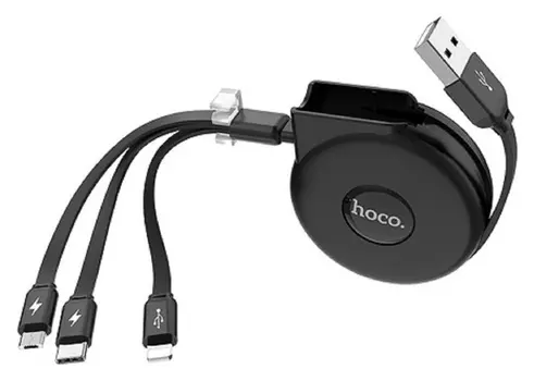 Кабель-рулетка Hoco U50, Microusb/lightning/type-c - Usb, 2 А, 1 м, черный