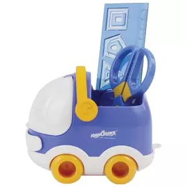 Канцелярский детский набор Юнландия "Автомобиль", 4 предмета: подставка, линейка со скрепками, ножницы, ластик, цвет синий, блист.