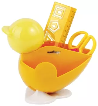 Канцелярский детский набор Юнландия "Цыпленок", 4 предмета: подставка, линейка со скрепками, ножницы, ластик, цвет желтый, блистер