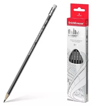 Карандаш чернографитный с ластиком Erich Krause Megapolis НВ, трёхгранный HB, сплошная проклейка грифеля, грифель диаметром 2.2 мм